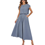 Womens 2 Piece Outfits Skirt Set Summer Casual Cap Sleeve Crop Tops Maxi Dress Sets With Pockets