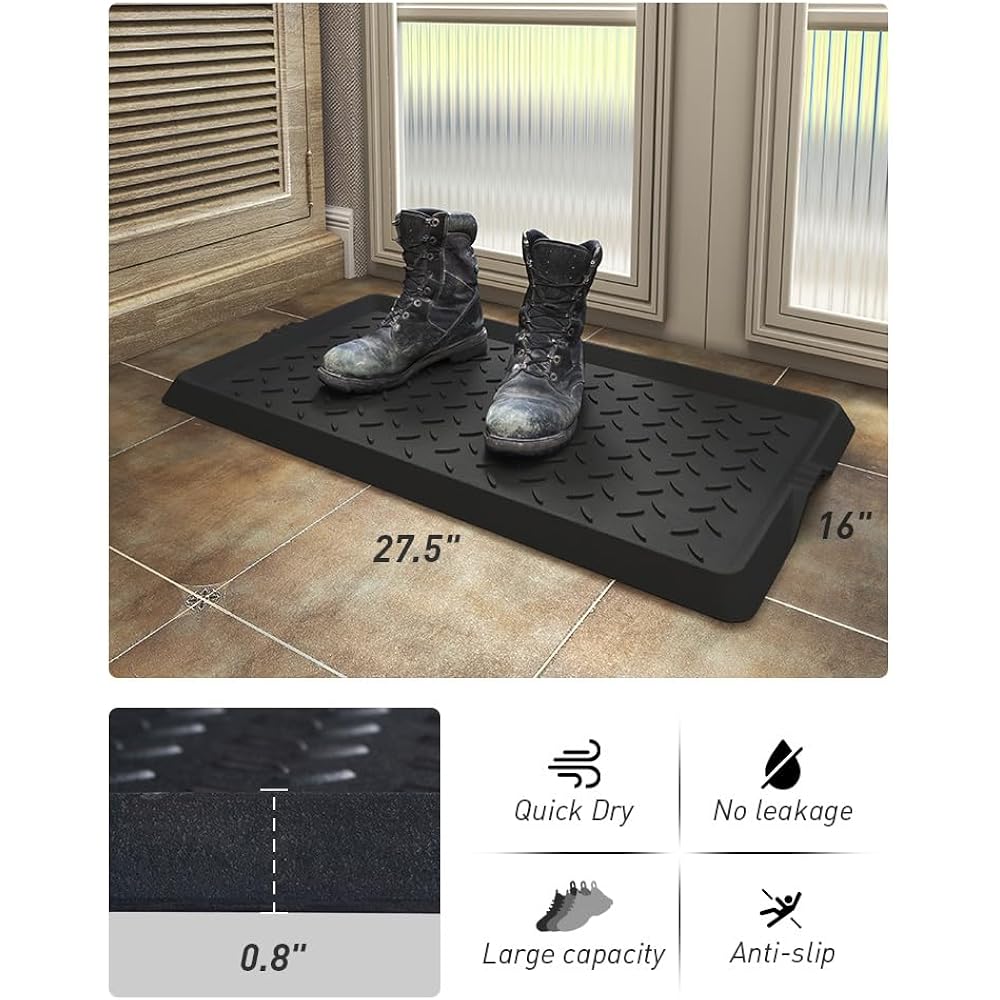 Supenuin Boot-Tray Heavy Duty Rubber Mat With Lip Waterproof Shoe Mat Tray For Entryway Indoor Outdoor Multi Use Catch All Trays Entryway Shoe Storage 16X27.5 Inches