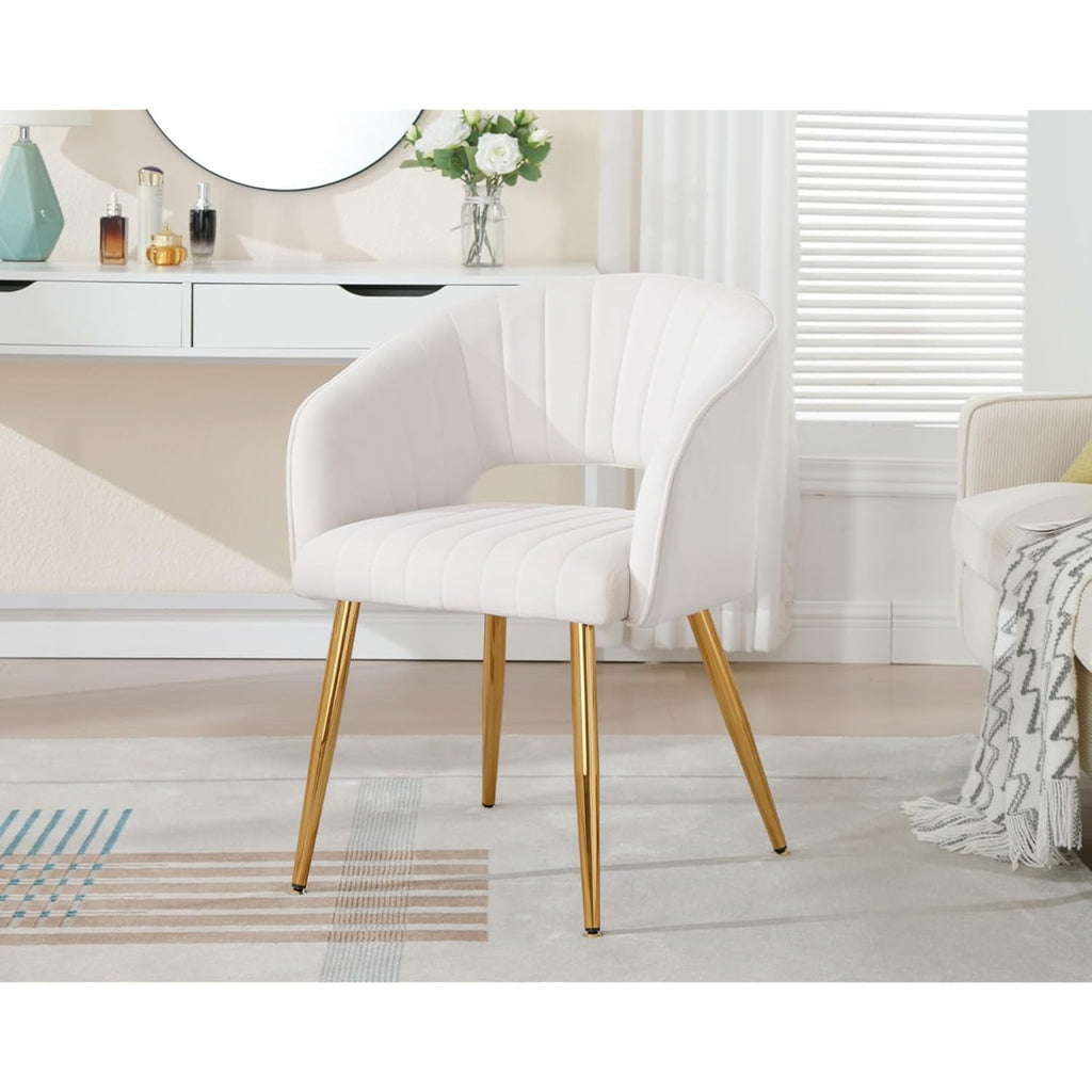 Modern Velvet Desk Chair Accent Armchair Upholstered Tufted Chairs Dining Chairs, Tufted Vanity Chair Side Chairs With Gold Metal Legs For Dining Room Living Room Restaurant,1 Pc &Cream