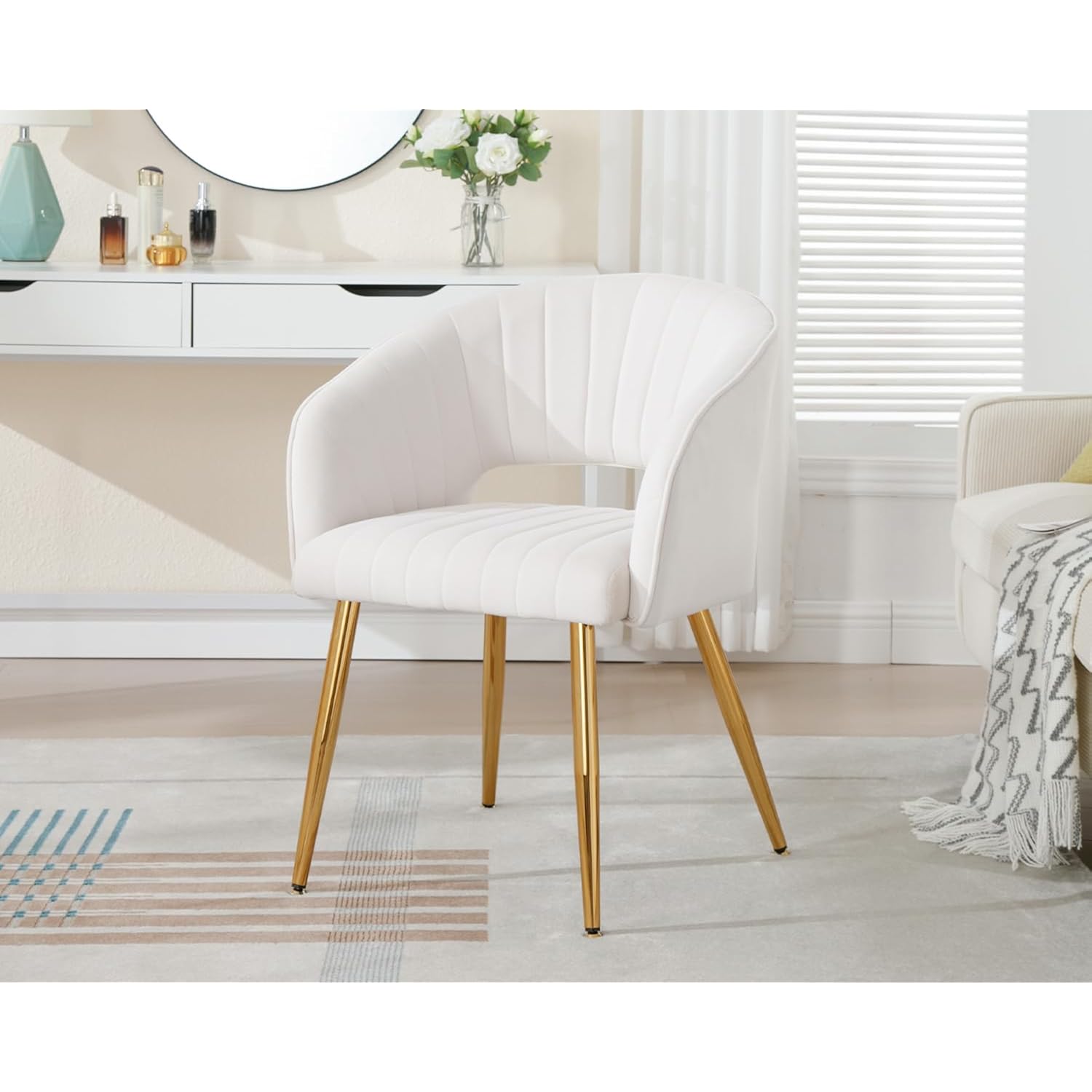Modern Velvet Desk Chair Accent Armchair Upholstered Tufted Chairs Dining Chairs, Tufted Vanity Chair Side Chairs With Gold Metal Legs For Dining Room Living Room Restaurant,1 Pc &Cream