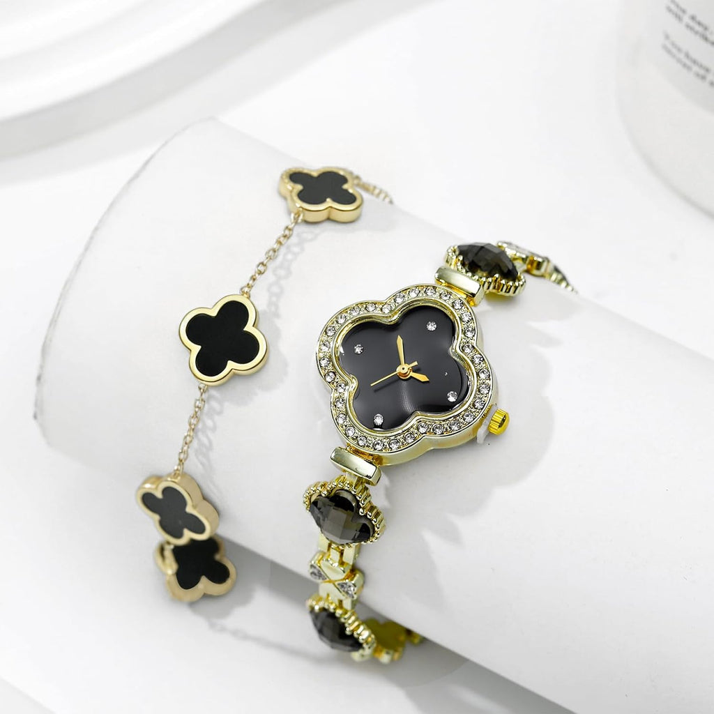 2 Pieces Women Gold Watch Bracelet Set Lucky Clover Bracelet Watch Jewelry Set 18K Gold Plated Wristwatch Flower Design Four Leaf Bracelets for Women