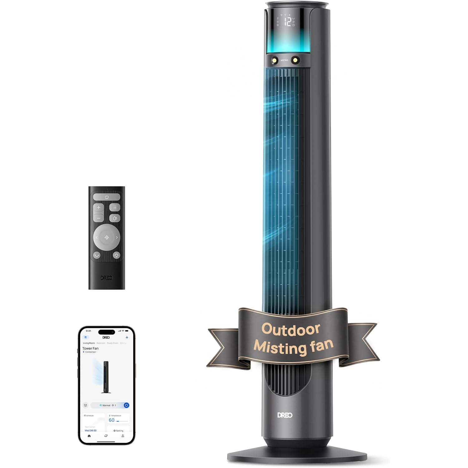 Dreo Turbocool Outdoor Misting Fan 711As, 33 Ft/S High Velocity, 20Db Quiet | 12 Speeds, 4 Modes, 150° Customizable Oscillating, Smart Standing Fan For Bedroom, Dc Motor, Ipx4-Rated Weather Resistant