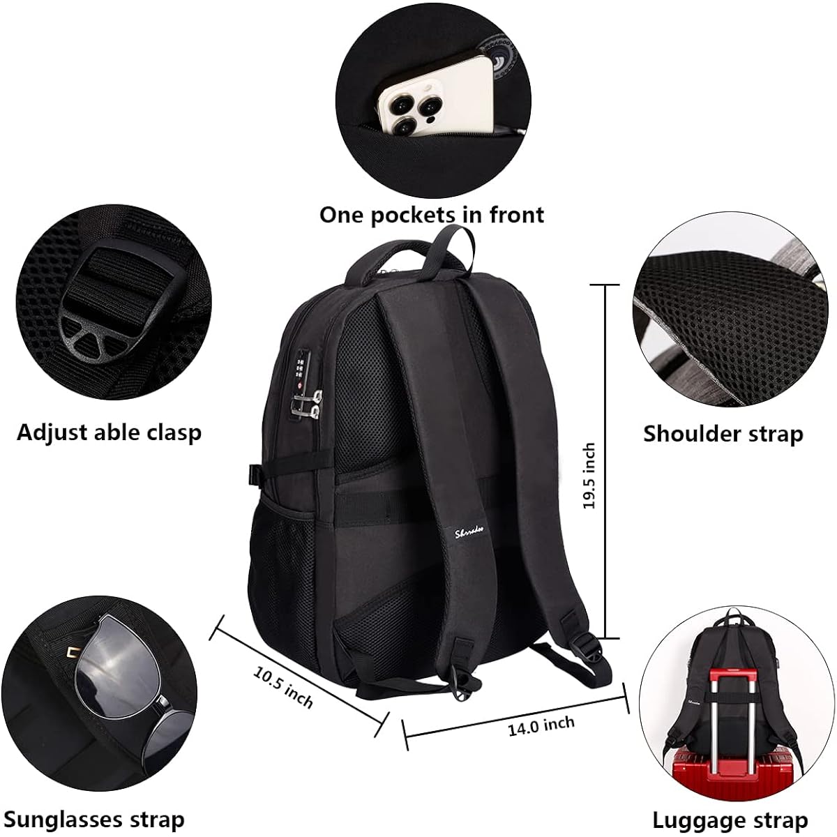 Shrradoo Anti Theft Laptop Backpack Travel Backpacks With Combination Lock For Women Men High School College Backpack Computer Bag Fits 17 Inch Laptop,Black