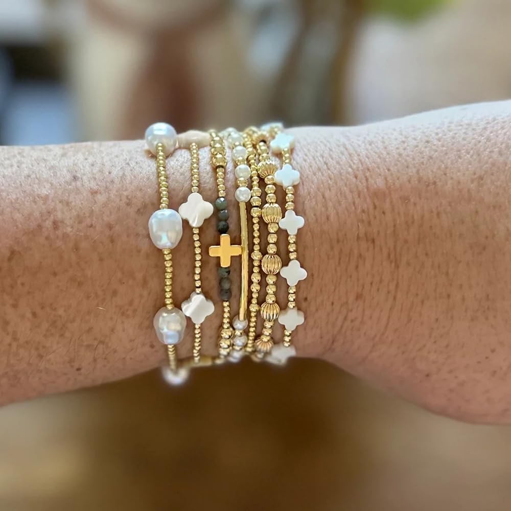 Dainty Cross Clover Gold Beaded Pearl Bracelet Stack for Women,Handmade Boho Gold Plated Beads Stretch Stackable Bracelets Fashion Birthday Prom Jewelry Accessories Mothers Day Gifts Friendship