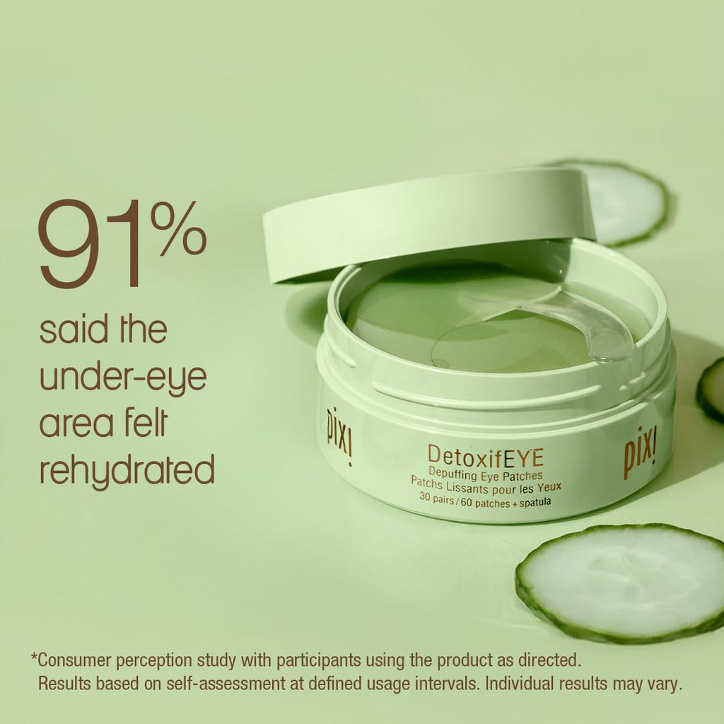 Pixi Detoxifeye Depuffing Hydrogel Eye Patches With Cucumber, Hyaluronic Acid & Caffeine For Puffy Eyes And Dark Circles | Treats Tired Eyes, Puffiness And Eyebags | Hydrate Eye Area, 60 Patches