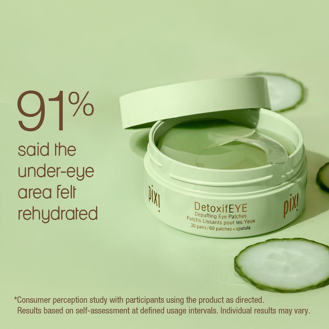 Pixi Detoxifeye Depuffing Hydrogel Eye Patches With Cucumber, Hyaluronic Acid & Caffeine For Puffy Eyes And Dark Circles | Treats Tired Eyes, Puffiness And Eyebags | Hydrate Eye Area, 60 Patches