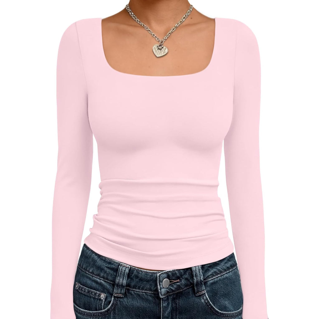 Trendy Queen Womens Square Neck Long Sleeve Shirts Double Lined Fall Tops | Buttery-Soft,High Stretch,Body-Hugging Fit,Essential Staple,Chic Layering Base,Office To Party Look