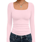 Trendy Queen Womens Square Neck Long Sleeve Shirts Double Lined Fall Tops | Buttery-Soft,High Stretch,Body-Hugging Fit,Essential Staple,Chic Layering Base,Office To Party Look