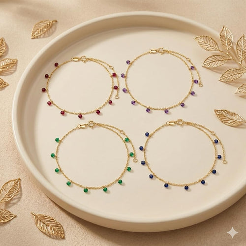 14K Gold Birthstone Station Bracelet for Women,Yellow Gold Simple Created Gemstone Bracelets Anniversary Christmas Mother’s Day Jewelry Gift for Mom Wife Her