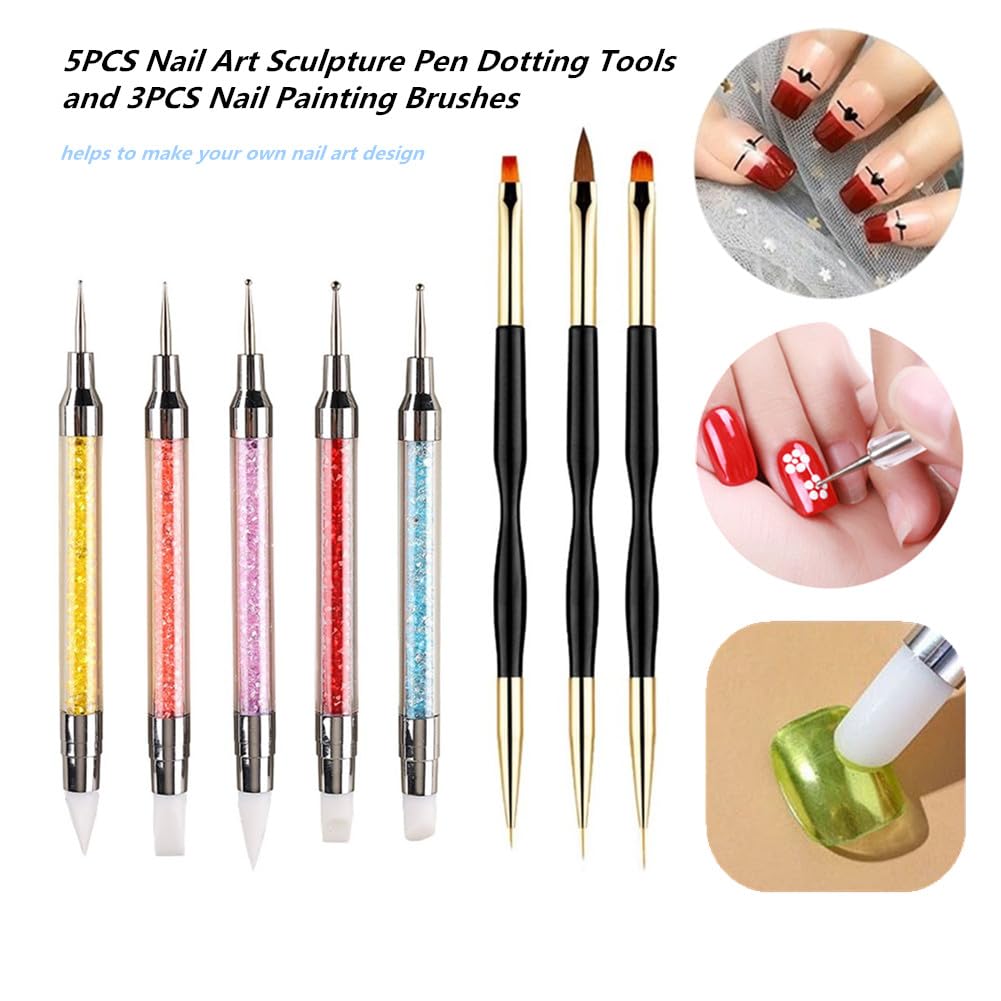 FULINJOY 5PCS Dual-Ended Nail Art Sculpture Pen Dotting Tools with 3PCS Nail Painting Brushes, Silicone Nail Polish Brushes Stainless Steel Carving Drawing Tool, Acrylic Rhinestone Handle