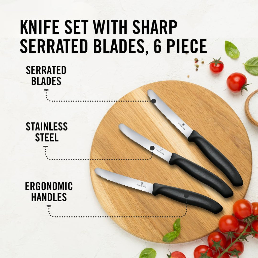 Victorinox Swiss Classic Tomato and Table Knife Set for Everyday Family Dining Serrated Blade in Black, Set of 6