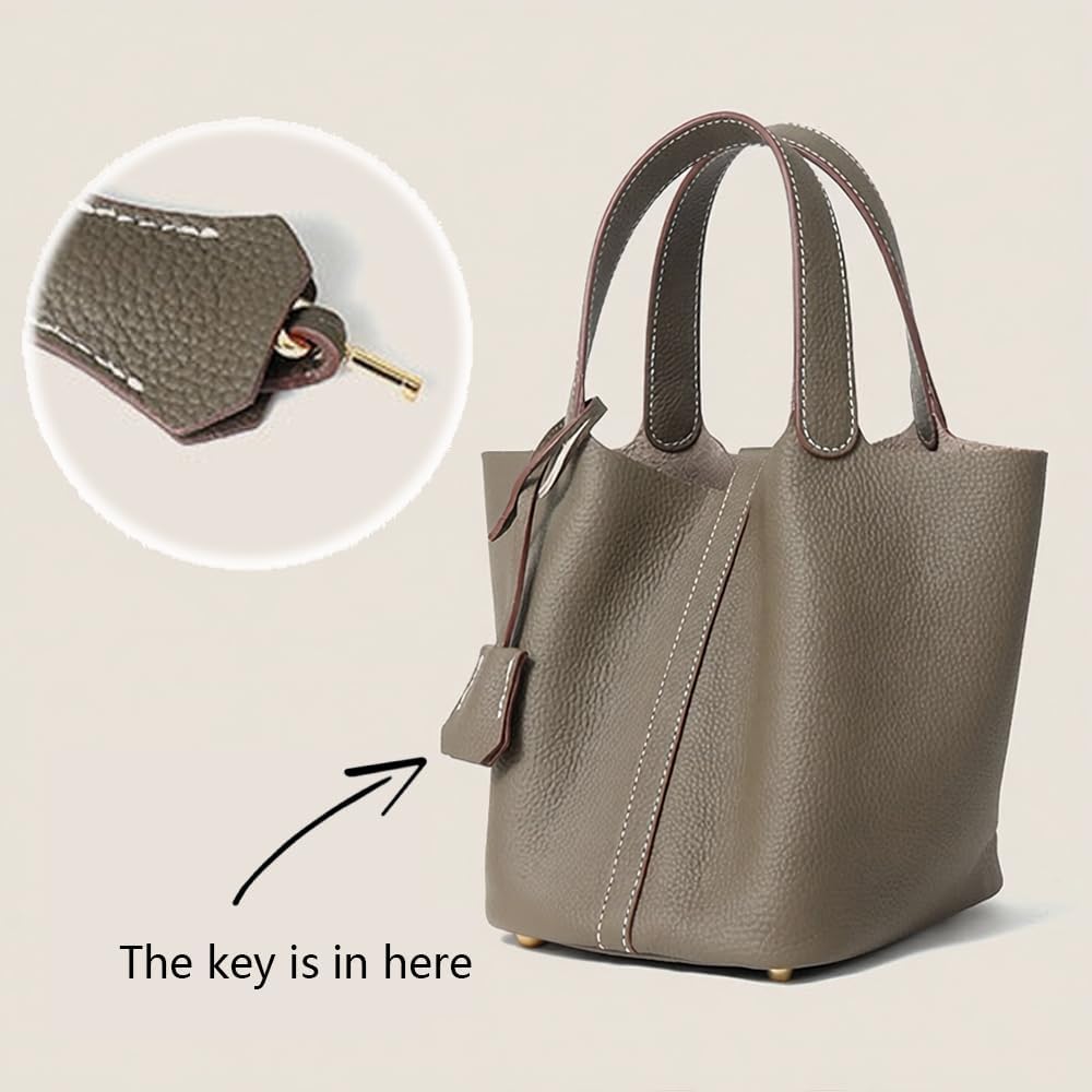 Genuine Leather Lock Design Bucket Bag Vegetable Basket, Fashionable And Versatile Satchel Handbag