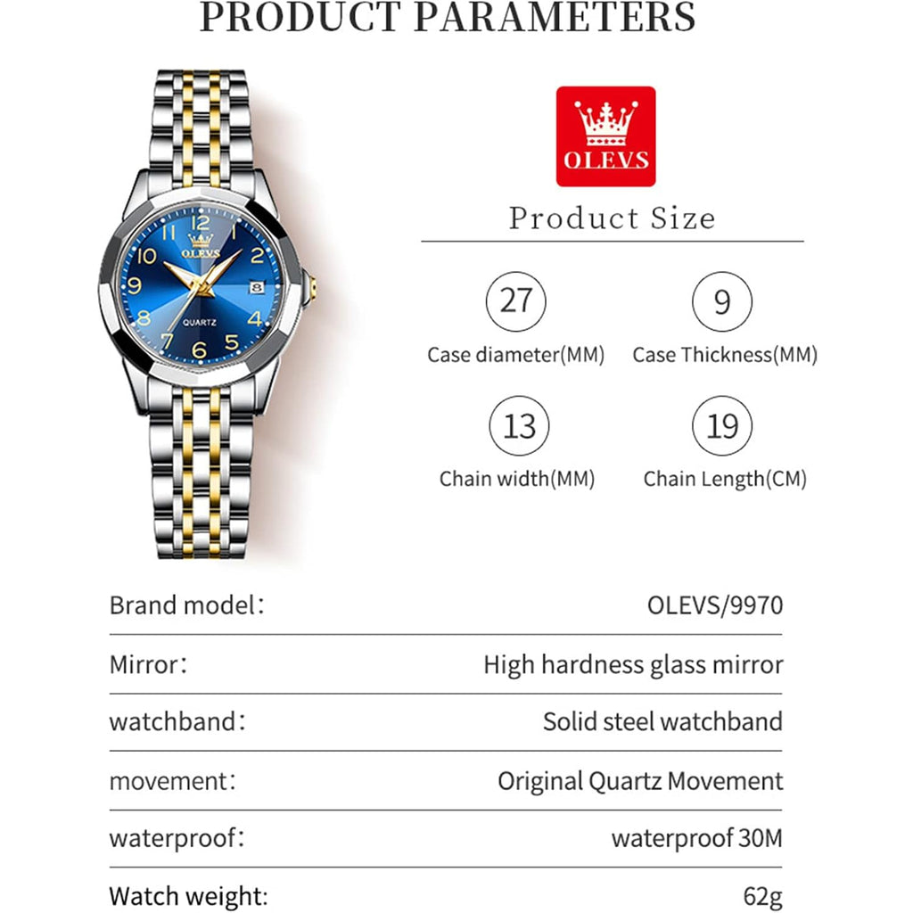 Olevs Womens Watch Fashion Dress Diamond Female Watches For Ladies Analog Quartz Stainless Steel Waterproof Luminous Day Date Two Tone Wristwatch