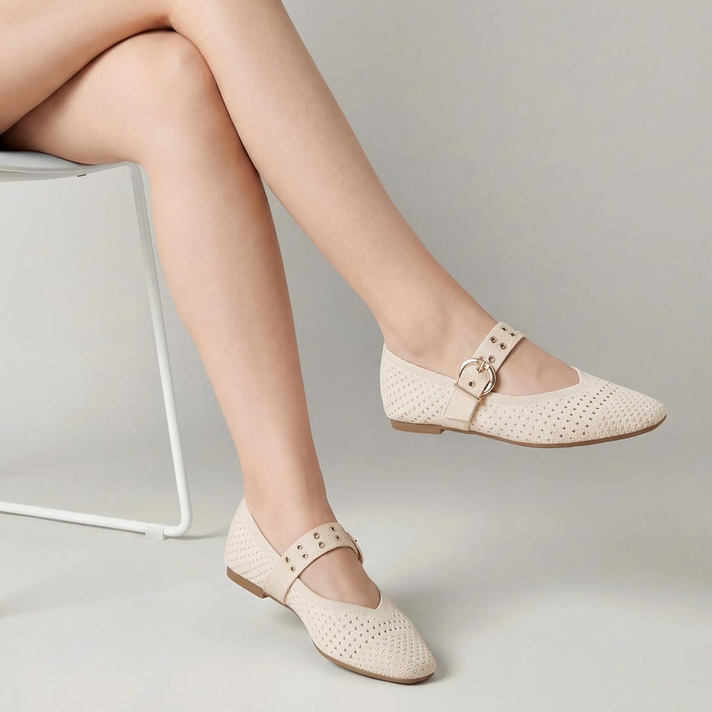 Trary Knit Flats for Women Square Toe Ballet Flats with Buckle Straps Mary Jane Shoes Women Comfortable Casual Dress Shoes for Work Daily Wear