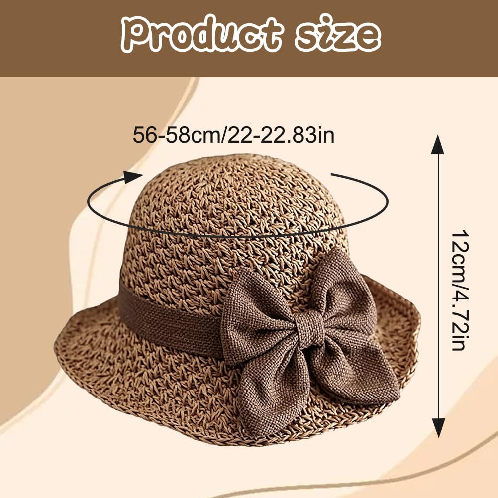 Womens Straw Hat Foldable Wide Brim Floppy Beach Sun Hats, Bucket Cap With Bowknot For Girls