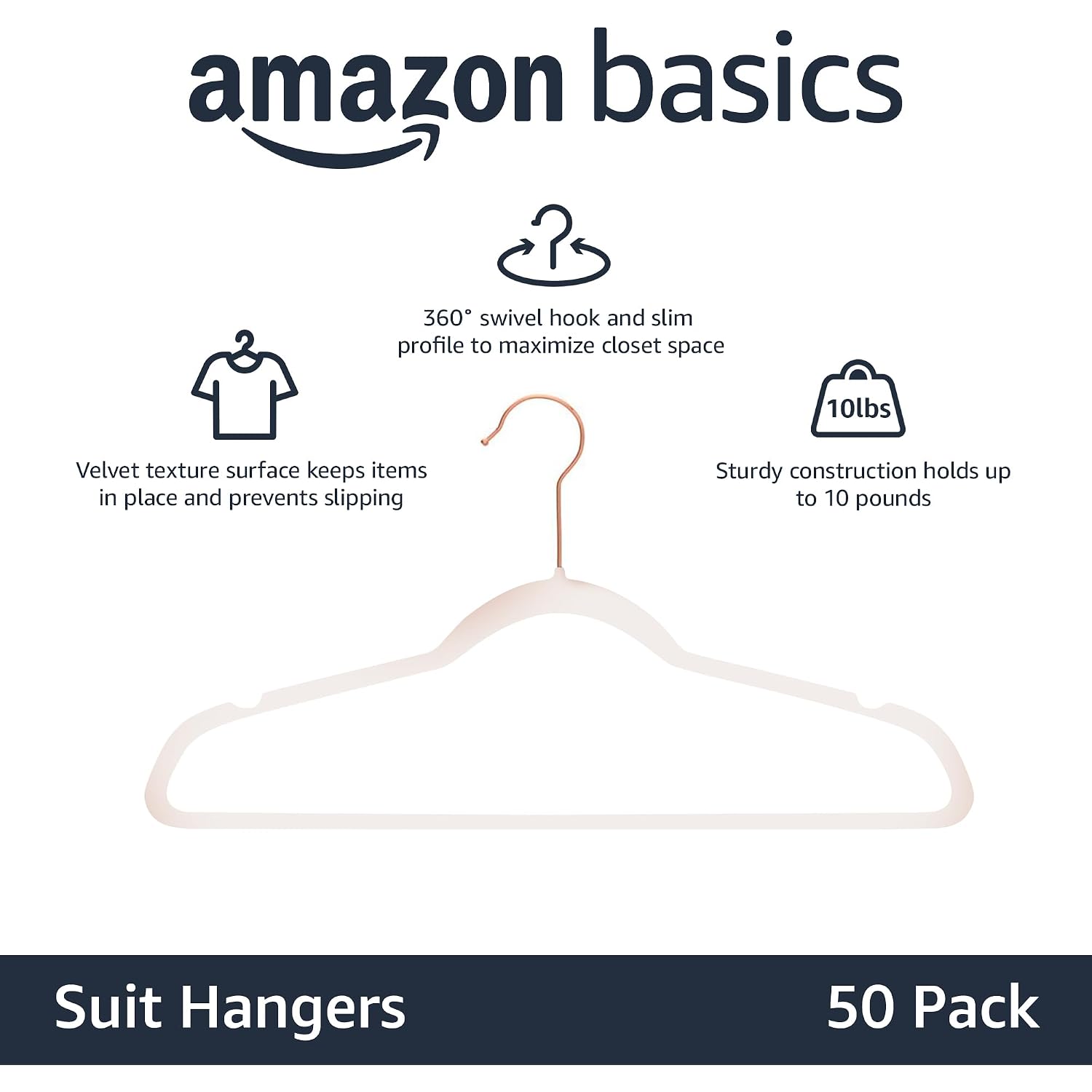 Amazon Basics Space Saving Slim Velvet Non-Slip Suit Clothes Hangers, Sturdy Construction, Closet Organizer, Pack Of 50, Blush Pink/Rose Gold