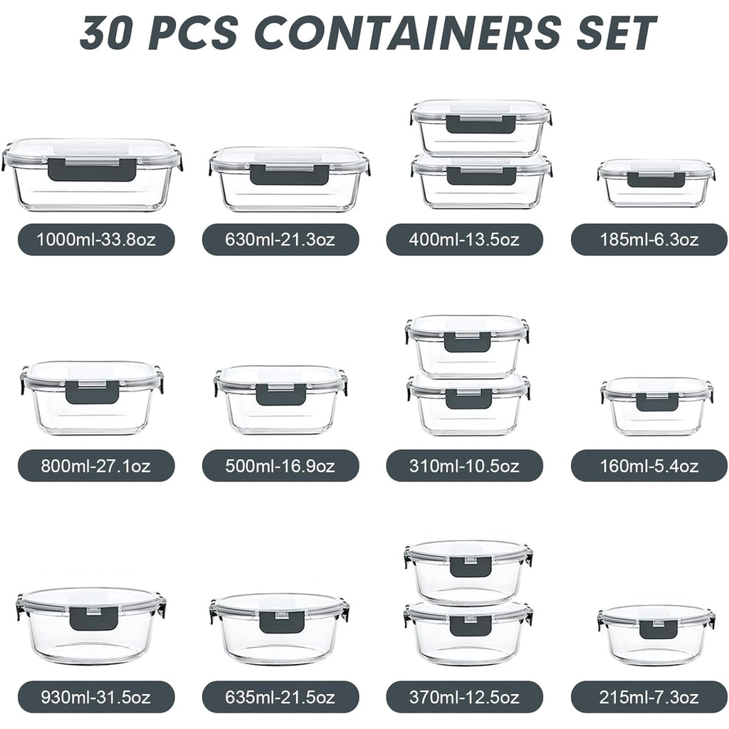 Verones 30 Pieces Glass Meal Prep Containers Set, Stackable Glass Food Storage Containers With Lids-Airtight Lunch Containers，For Microwave, Oven, Freezer & Dishwasher,Grey