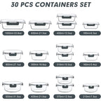 Verones 30 Pieces Glass Meal Prep Containers Set, Stackable Glass Food Storage Containers With Lids-Airtight Lunch Containers，For Microwave, Oven, Freezer & Dishwasher,Grey