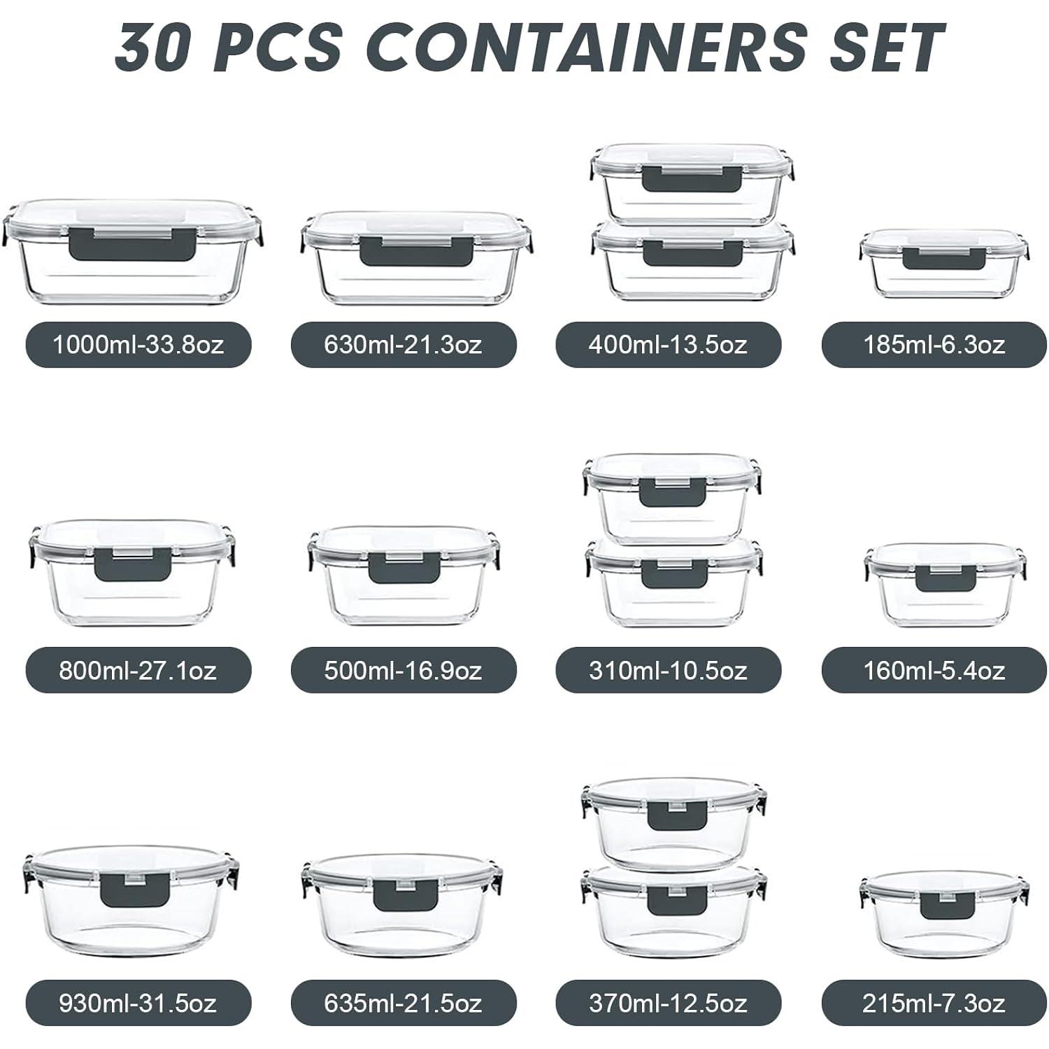Verones 30 Pieces Glass Meal Prep Containers Set, Stackable Glass Food Storage Containers With Lids-Airtight Lunch Containers，For Microwave, Oven, Freezer & Dishwasher,Grey