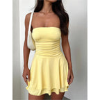 Ybskg Women Sexy Tube Top Silk Dress Strapless Ruched Waist Ruffle Tiered Layer Mini Dress Party Short Dresses