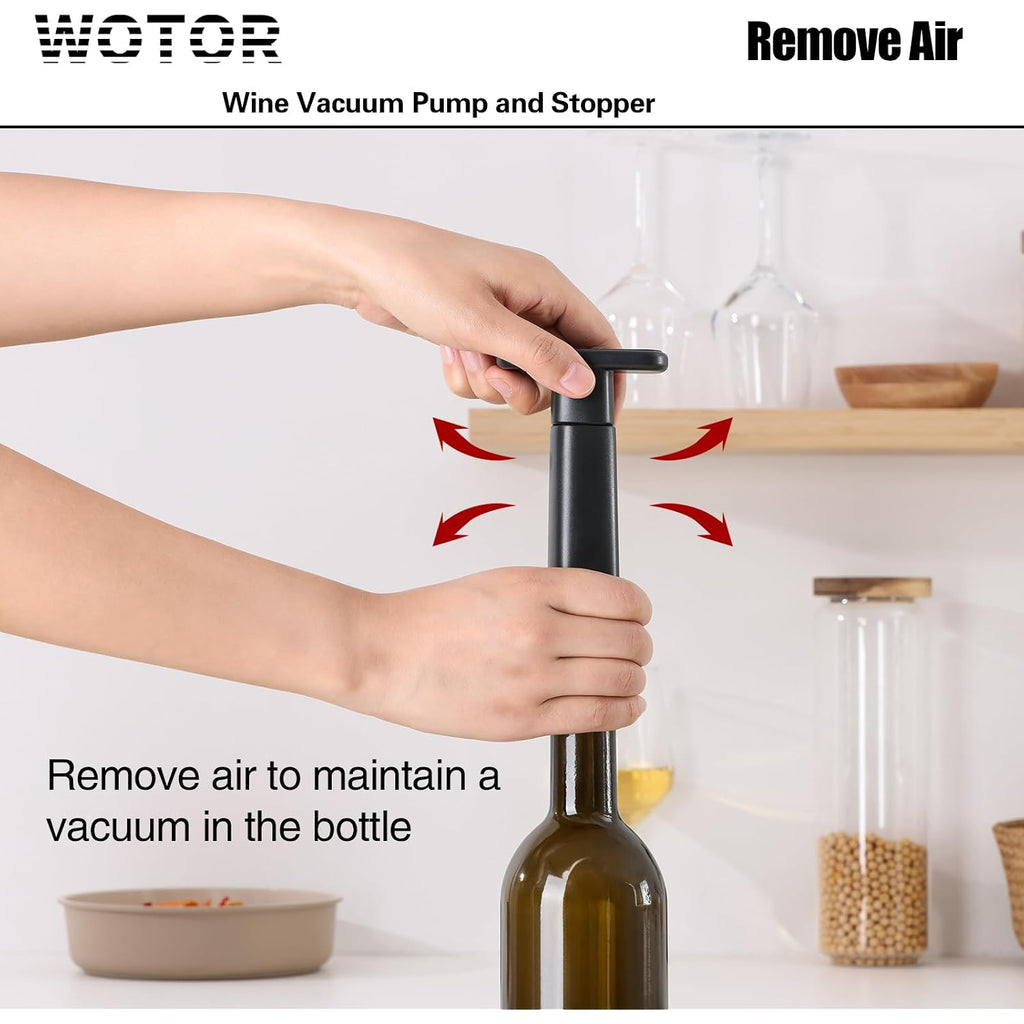 Wotor Wine Saver Vacuum Pump With 4 Stoppers, Wine Stopper & Preserver, Reusable Bottle Sealer Keeps Fresh, Ideal Accessories Gift (Flat Handle)