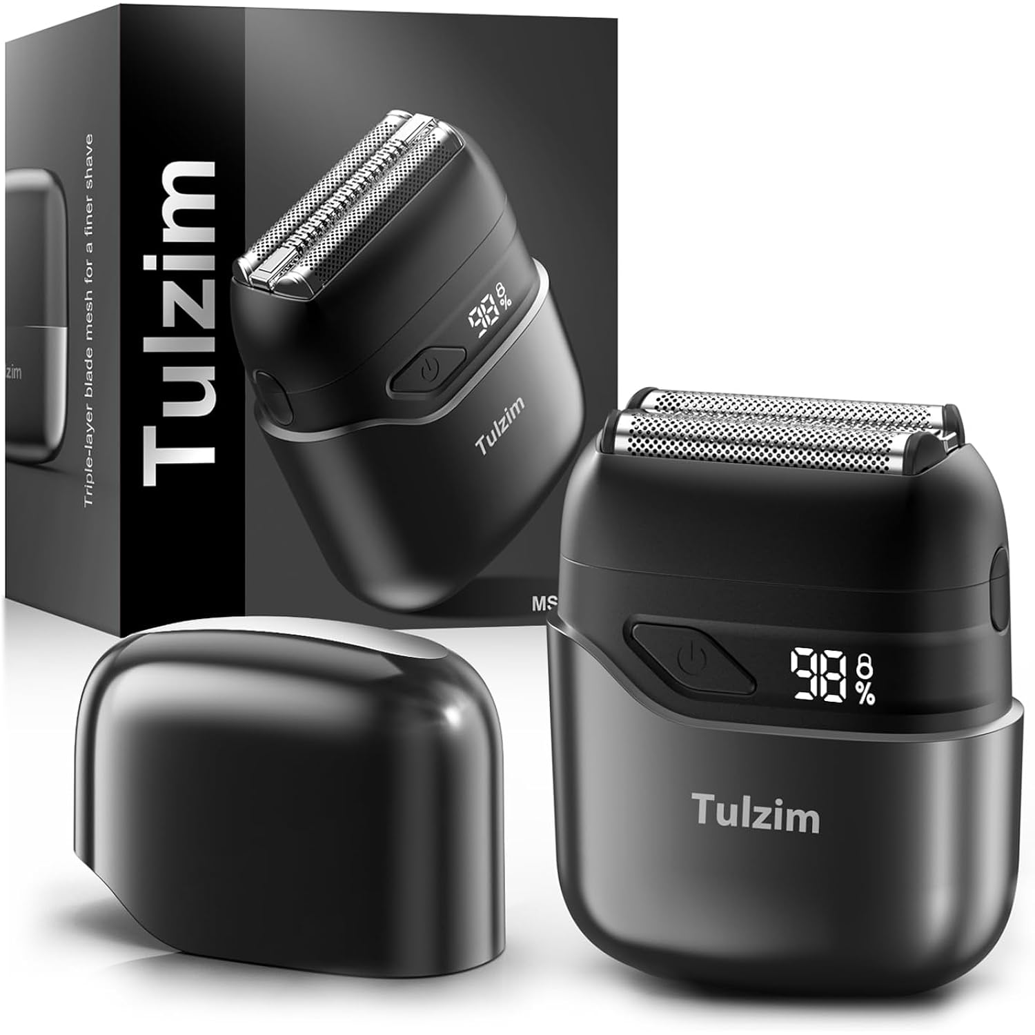 Tulzim Electric Foil Shaver for Men: Cordless Electric Razor for Face & Beard - 3 Floating Blades, 100-Min Runtime, USB-C Fast Charge, IPX7 Waterproof for Travel，Cool Black