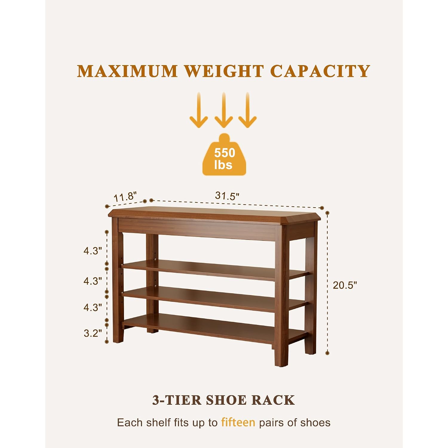 Shoe Rack Bench Seat Rubberwood 3-Tier Wooden Storage Bench 550Lbs Compact Mid-Century Modern Design For Entryway, Hallway, Closet, Front Door Entrance, Foyer