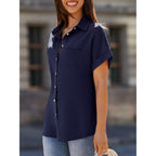 Womens Short Sleeve Shirts V Neck Collared Button Down Shirt Tops with Pockets