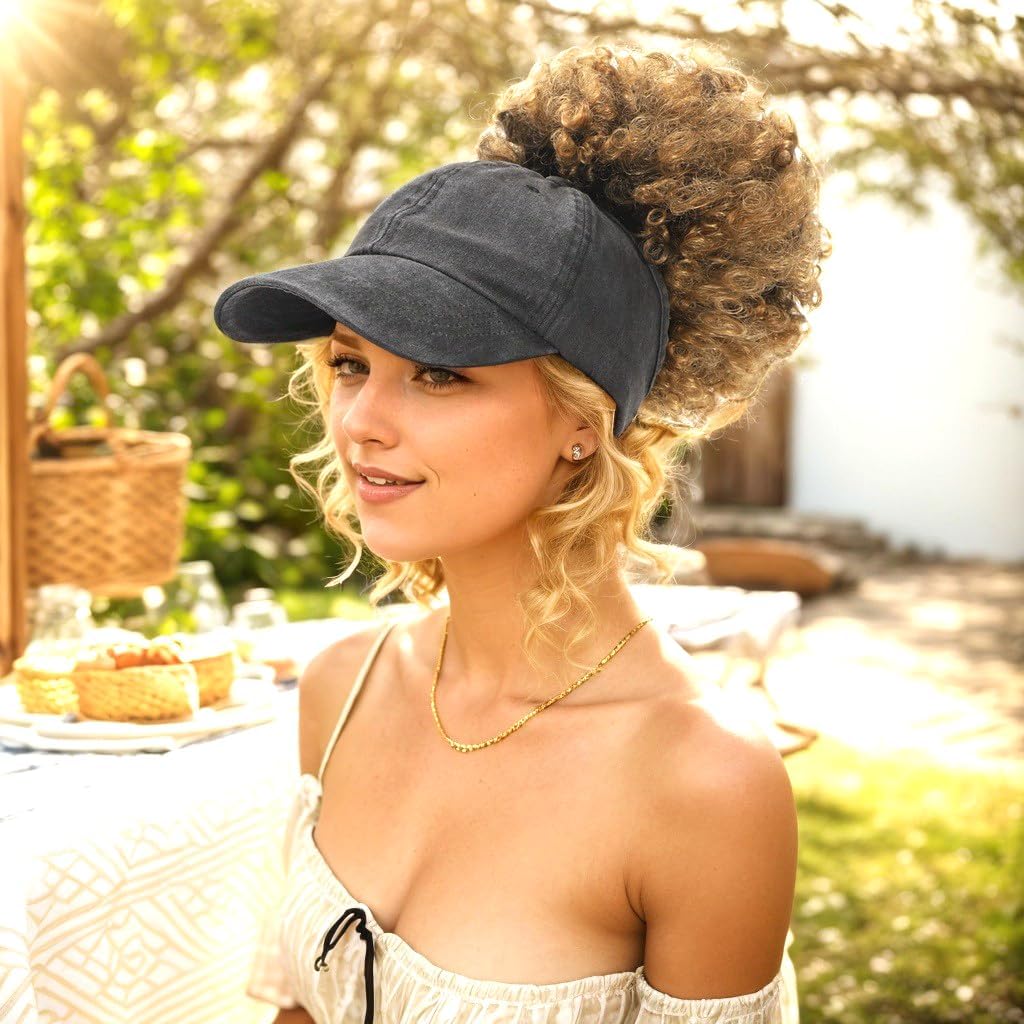2 Pack Backless Cap For Women Natural Curly Hair Hat Baseball Cap Afro Puff Ponytail Hat