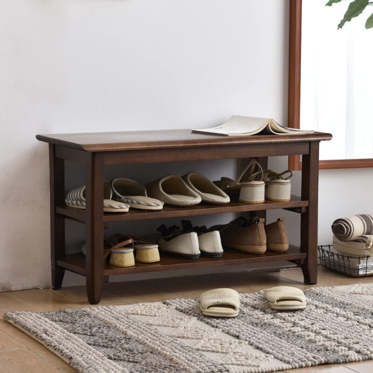 Xkzg Shoe Rack Bench Wooden Shoe Storage Bench Entryway Bench, Brown, 31.5" | Rubber Wood, Shoe Bench For Entryway, Living Room, Bedroom, Balcony, 31.5"W X 11.8"D X 16.5"H
