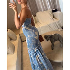 Chicme Floral Printed Vacation Dress Halter Tie Ruched Shirred Bandeau Party Dress Slim Ruffle Hem Wedding Guest Dress