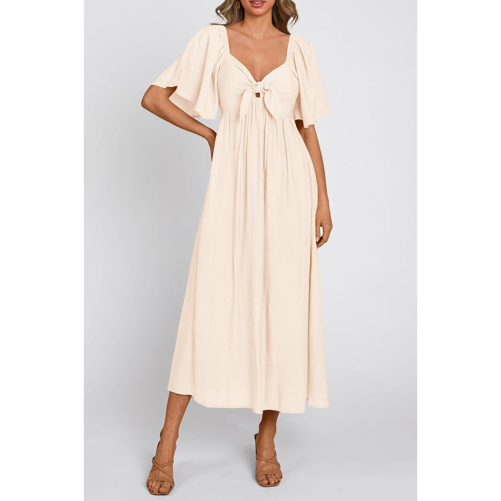 Prettygarden Summer Dress For Women 2026 Casual Short Sleeve Bow Tie V Neck Ruffle Midi Flowy Dresses