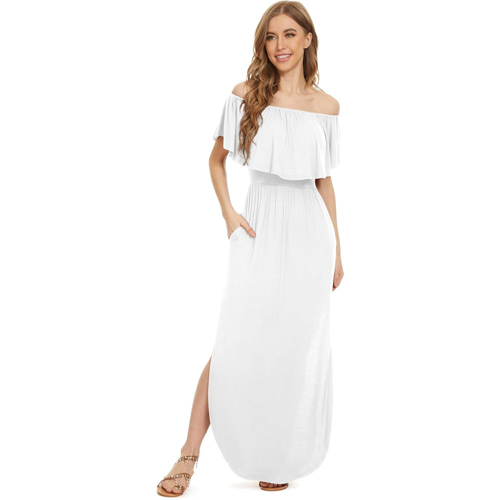 Lilbetter Womens Off The Shoulder Ruffle Party Dresses Side Split Beach Maxi Dress