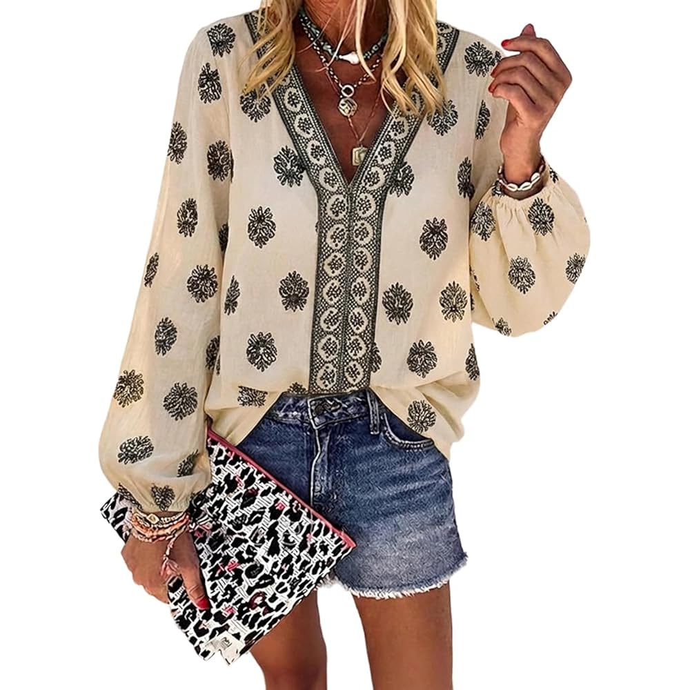 Chicme Women'S Casual V Neck Blouse Floral Boho Summer Tops Lantern Sleeve Loose Fit Tunics Flowy Vacation Clothes