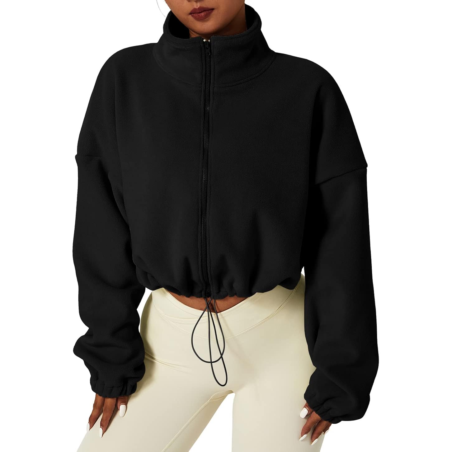 Qinsen Women'S Full Zip Fleece Short Jacket Warm Winter Long Sleeve Stand Collar Sherpa Crop Coat