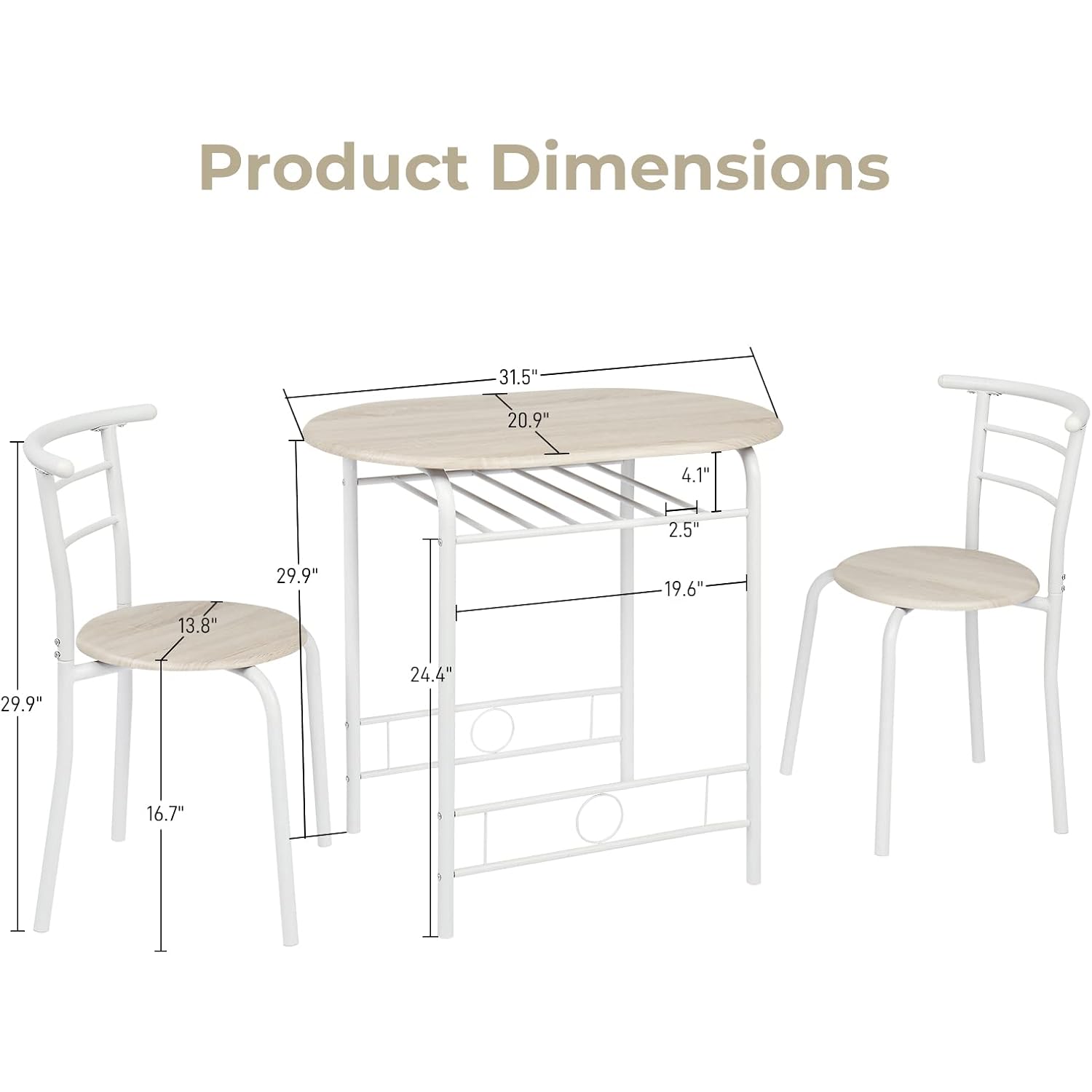 Vingli 3 Piece Dining Set,Small Kitchen Table Set For 2,Breakfast Table Set,Kitchen Wooden Table And 2 Chairs For Small Space/Dining Room/Apartment,Metal Frame,Wine Rack,White&Light Oak