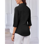 Women Button Down Shirts 3/4 Sleeve Basic Business Dress Shirt Slim Fitted Classic V Neck Button Up Work Blouse Tops
