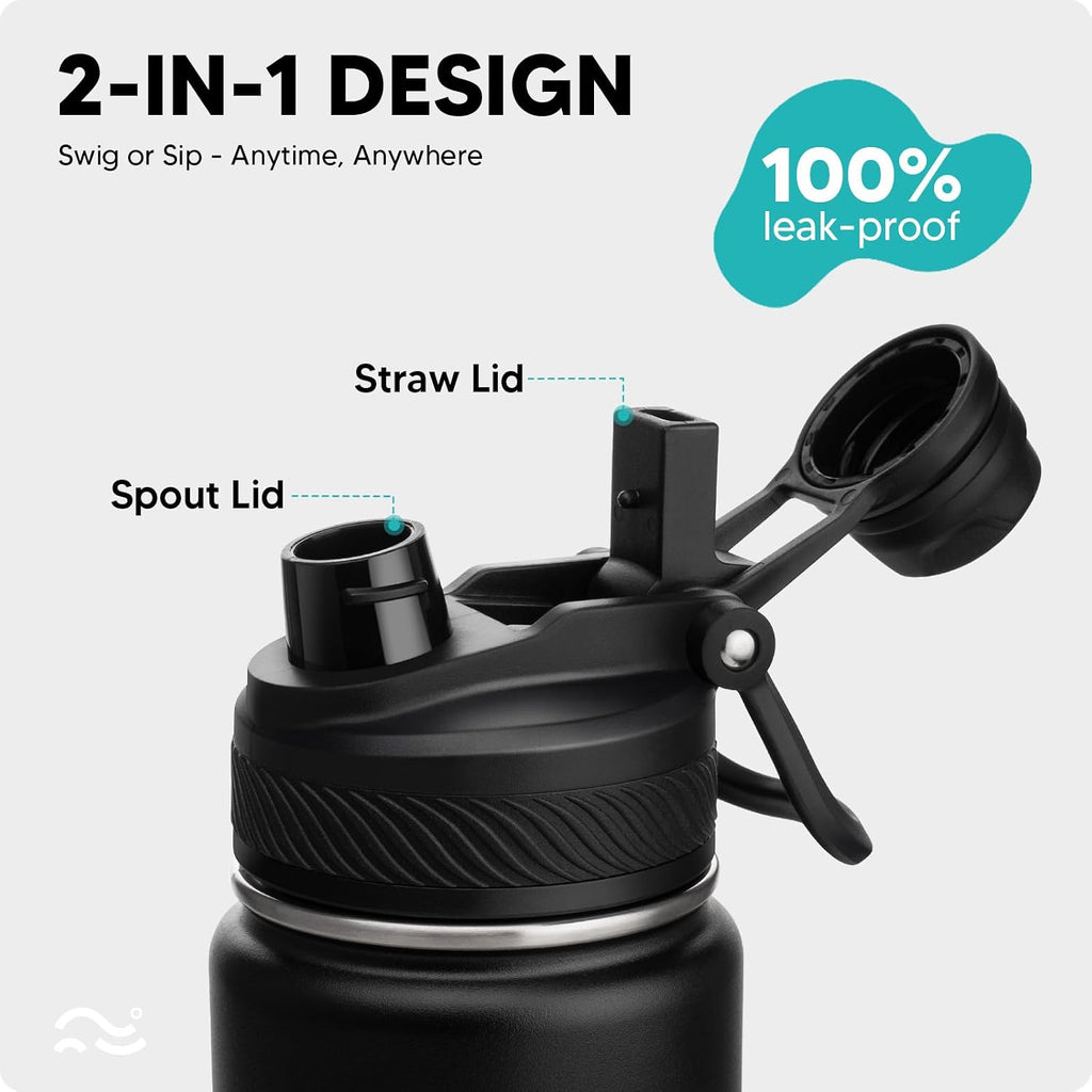 Insulated Water Bottle With Silicone Boot (36Hrs Cold/18Hrs Hot) - Diy Stickers, Leakproof, Bpa Free, Black, 24 Oz [2-In-1 Lid]
