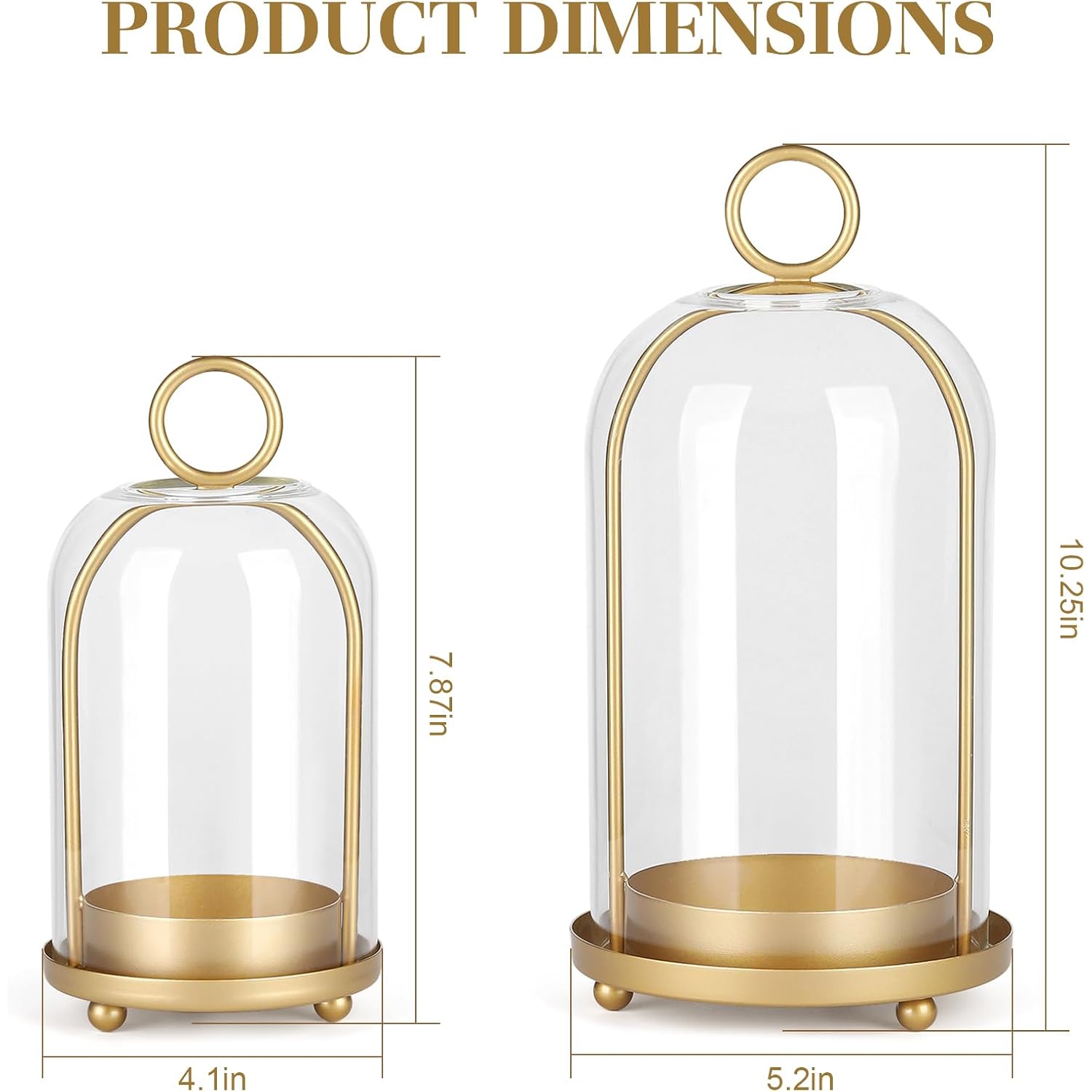 Versatile Metal Candle Holder Set with Handmade Glass Dome,Antique Brass Pillar Candle Stand, 5.2" & 4.1" Wide for Tabletop or Hanging, Industrial & Farmhouse Decor