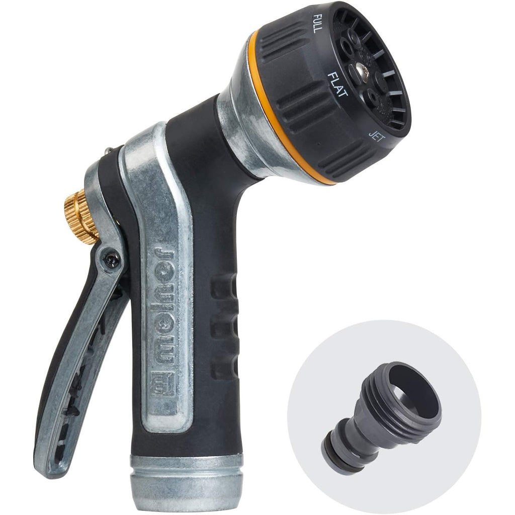 Melnor 65020-Amz Metal Multi-Pattern Hose Nozzle With Rear Trigger Grip, 7 Spray Patterns, Heavy-Duty Metal Construction, Quick Connect Adapter, Black, Orange