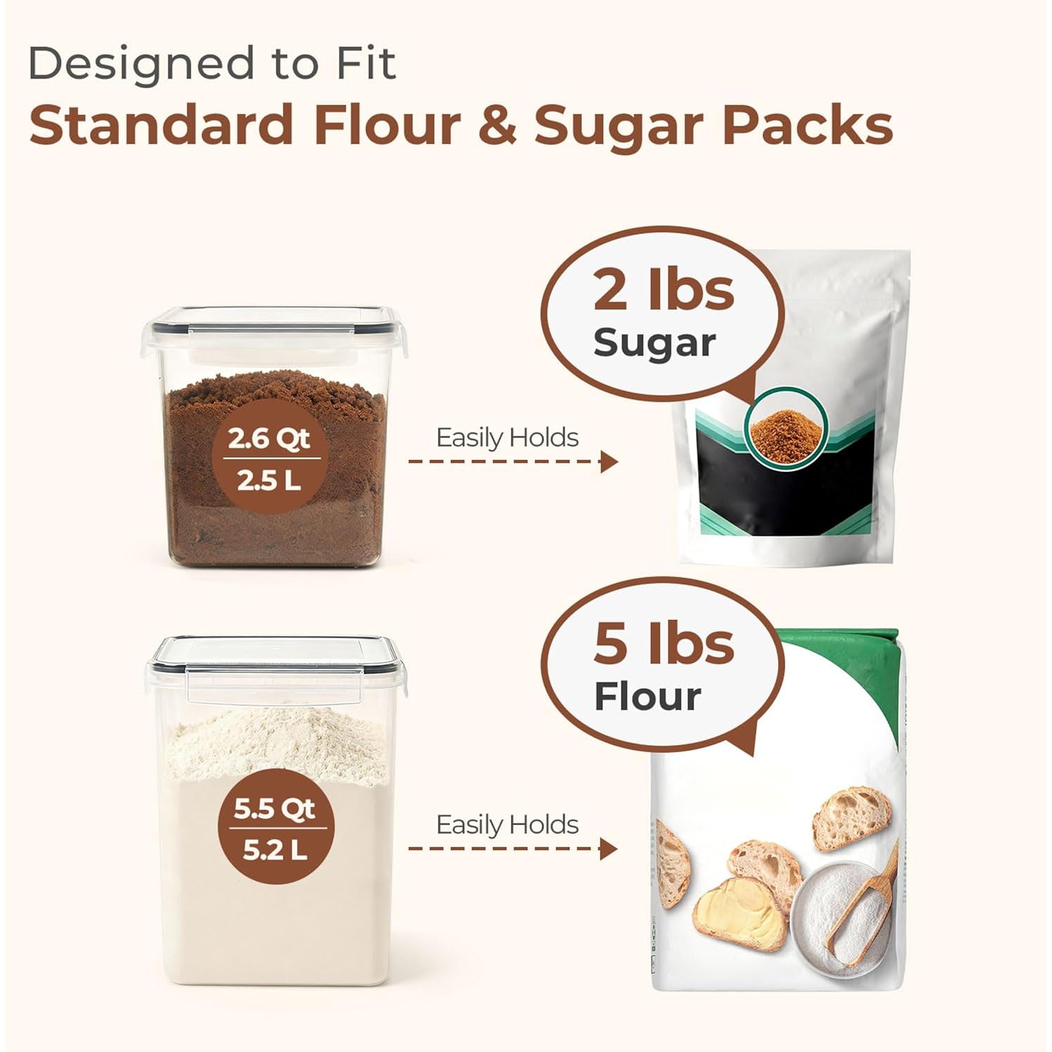 ComSaf Flour Sugar Storage Containers Set of 3 (5.2L/5.5Qt) (2.5L/2.6Qt*2), Large Airtight Food Storage Containers with Lids, Plastic Canisters Sets for Kitchen, Pantry Organizers for Rice and Baking