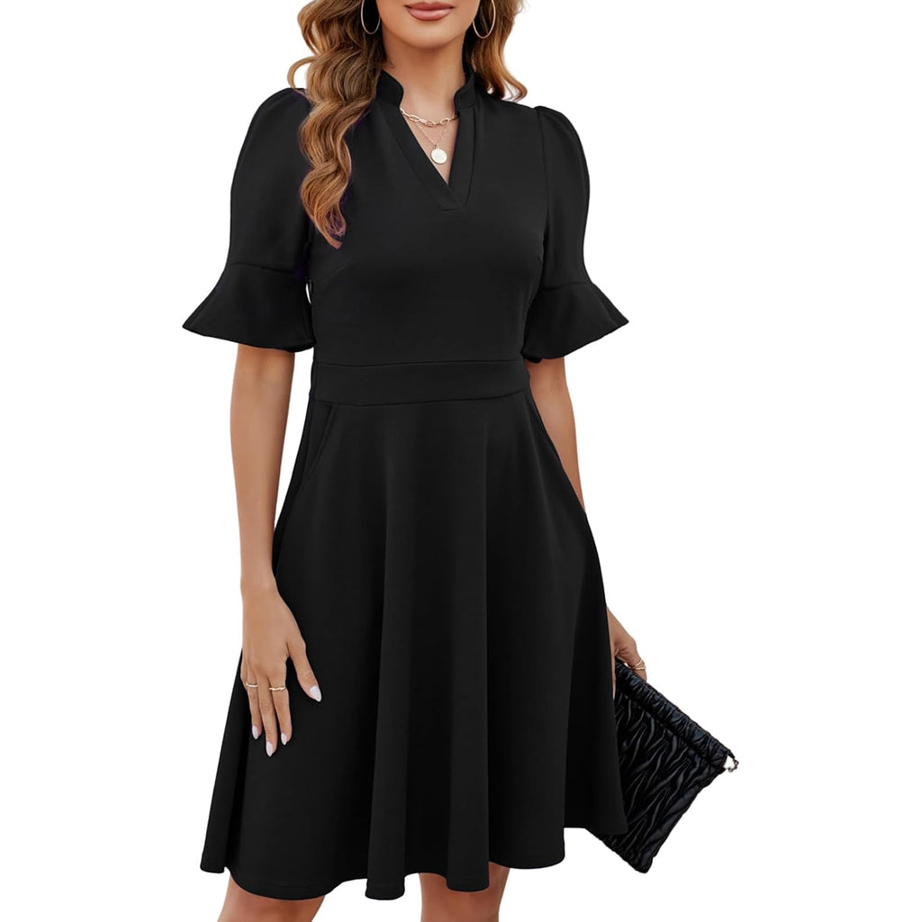 Mokayee Womens Summer V Neck Ruffle Short Sleeve Fit And Flare Knee Length Church Wedding Guest Dresses With Pockets