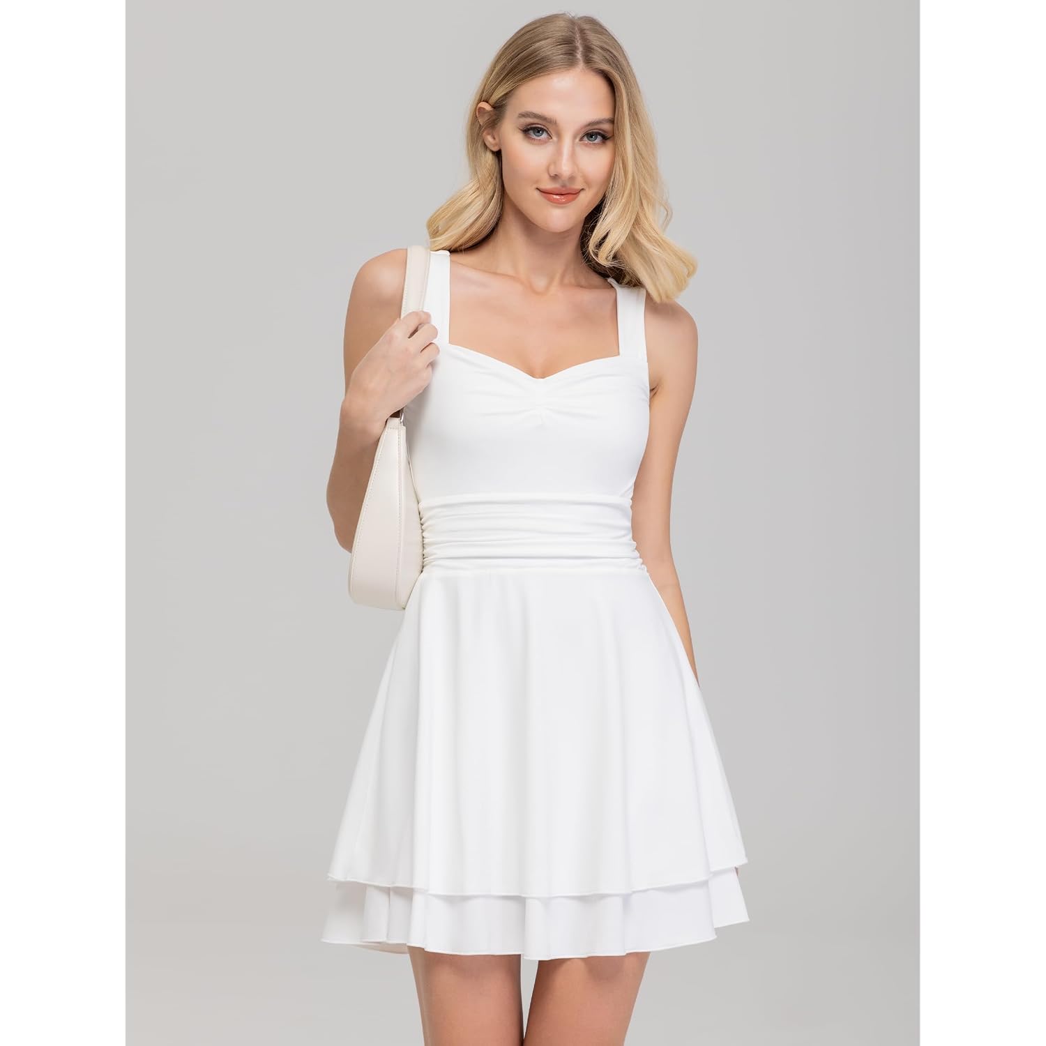 Iwd Women'S Square Neck Sleeveless Mini Dress Ruched Waist Tiered Ruffle Hem A Line Short Dresses