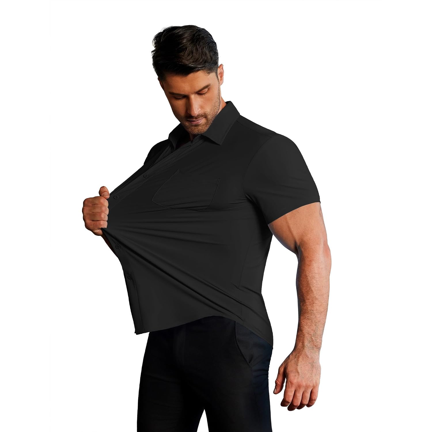 Coofandy Men'S Muscle Fit Dress Shirts Stretch Wrinkle-Free Short Sleeve Casual Button Down Shirts