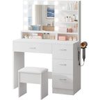 Livelyglow White Makeup Vanity Desk With Charging Station & 4 Drawers | 10 Led Bulbs, Hd Mirror, Cushioned Stool, Hairdryer Rack