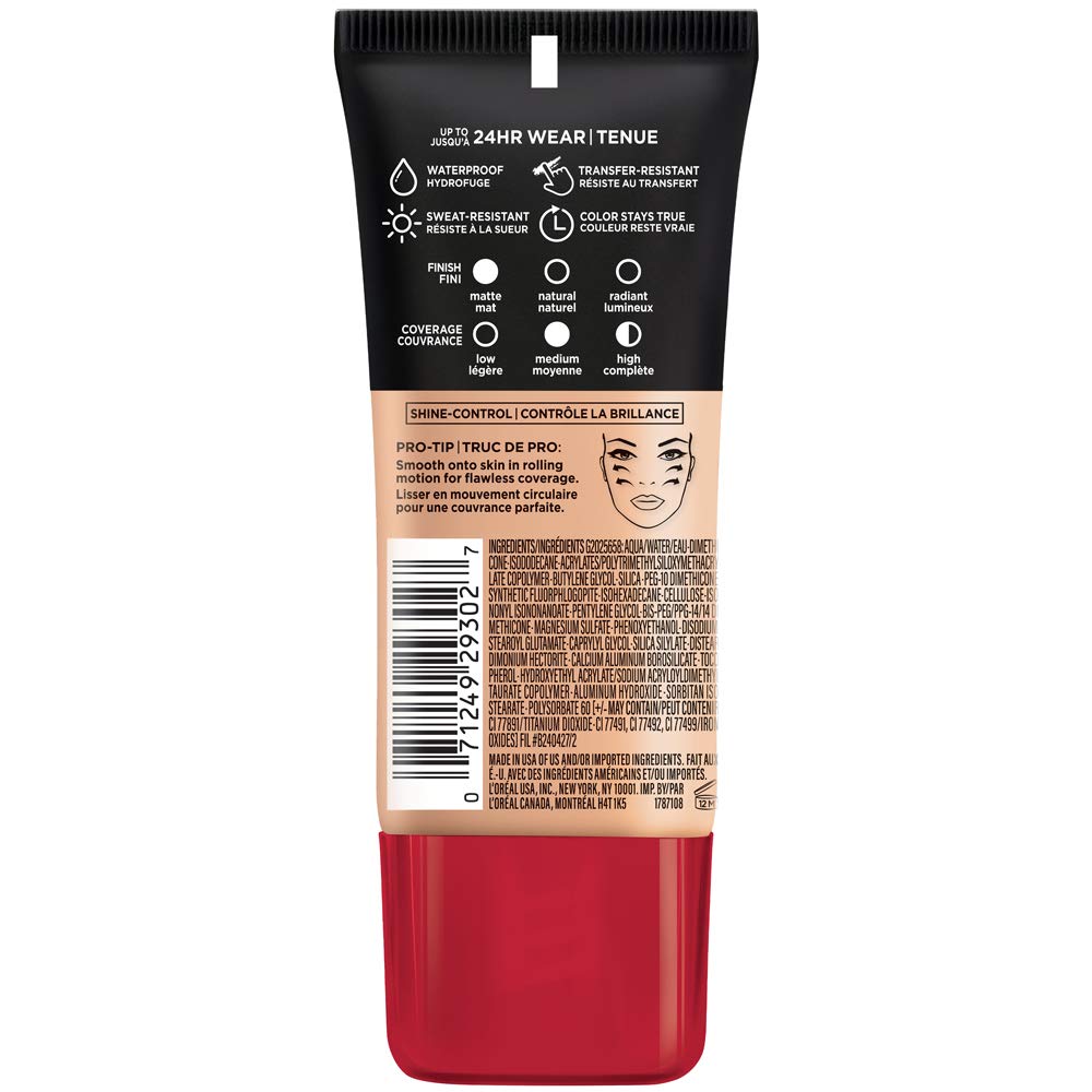 L'Oreal Paris Cosmetics Makeup Infallible Pro-Matte Liquid Longwear Foundation, Natural Buff, 1 Fl Oz.
