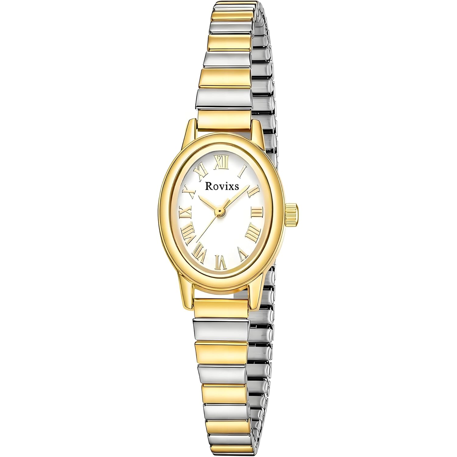 Small Gold Watches for Women - Vintage Oval Analog Quartz Watch with Stainless Steel Expansion Band, Dainty Easy Read Roman Numeral Dial, Waterproof Dress Wristwatch for Ladies Mom Gift
