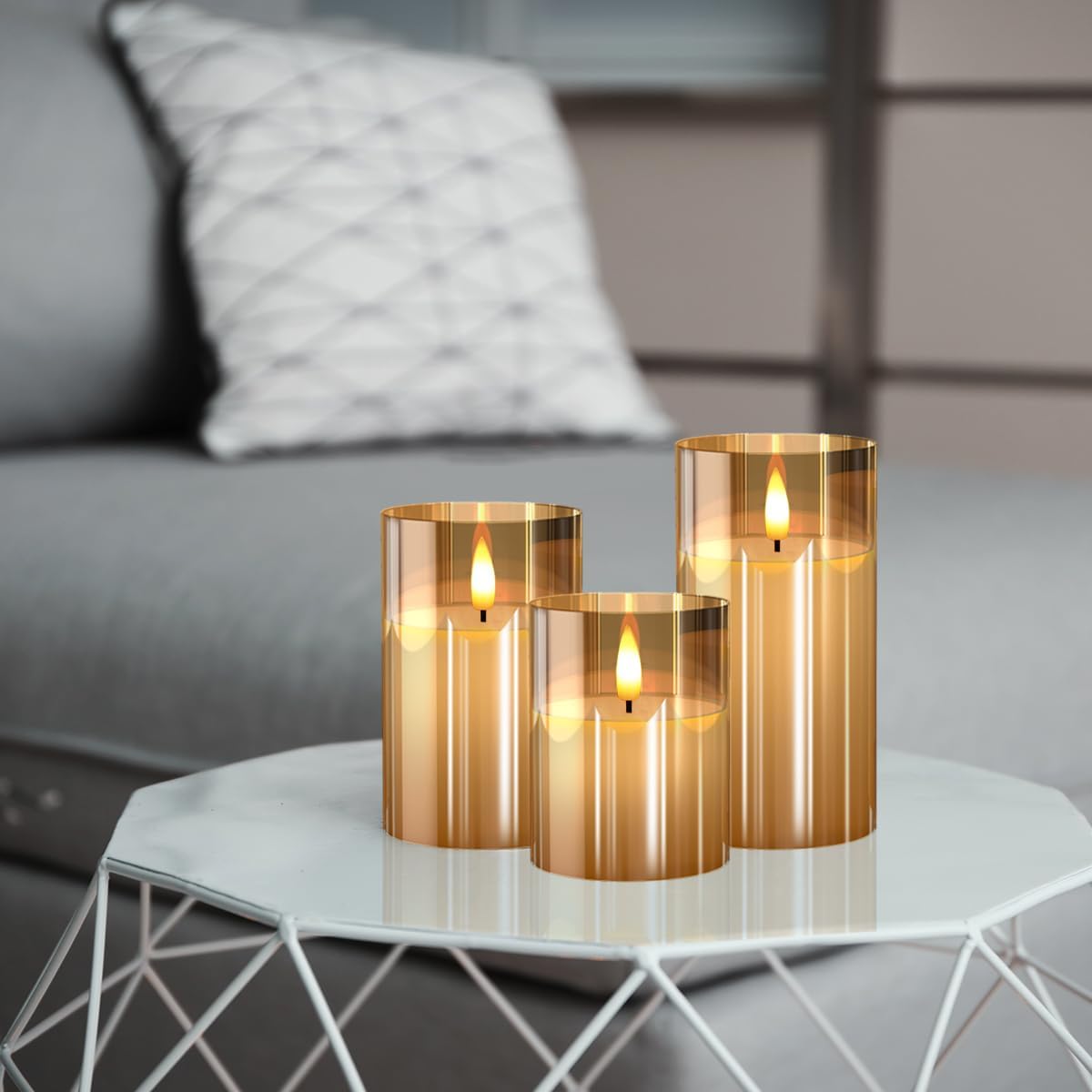 Glass Battery Operated Led Flameless Candles With Remote And Timer, Real Wax Candles Warm Color Flickering Light For Festival Wedding Home Party Decor(Pack Of 3)-Gold