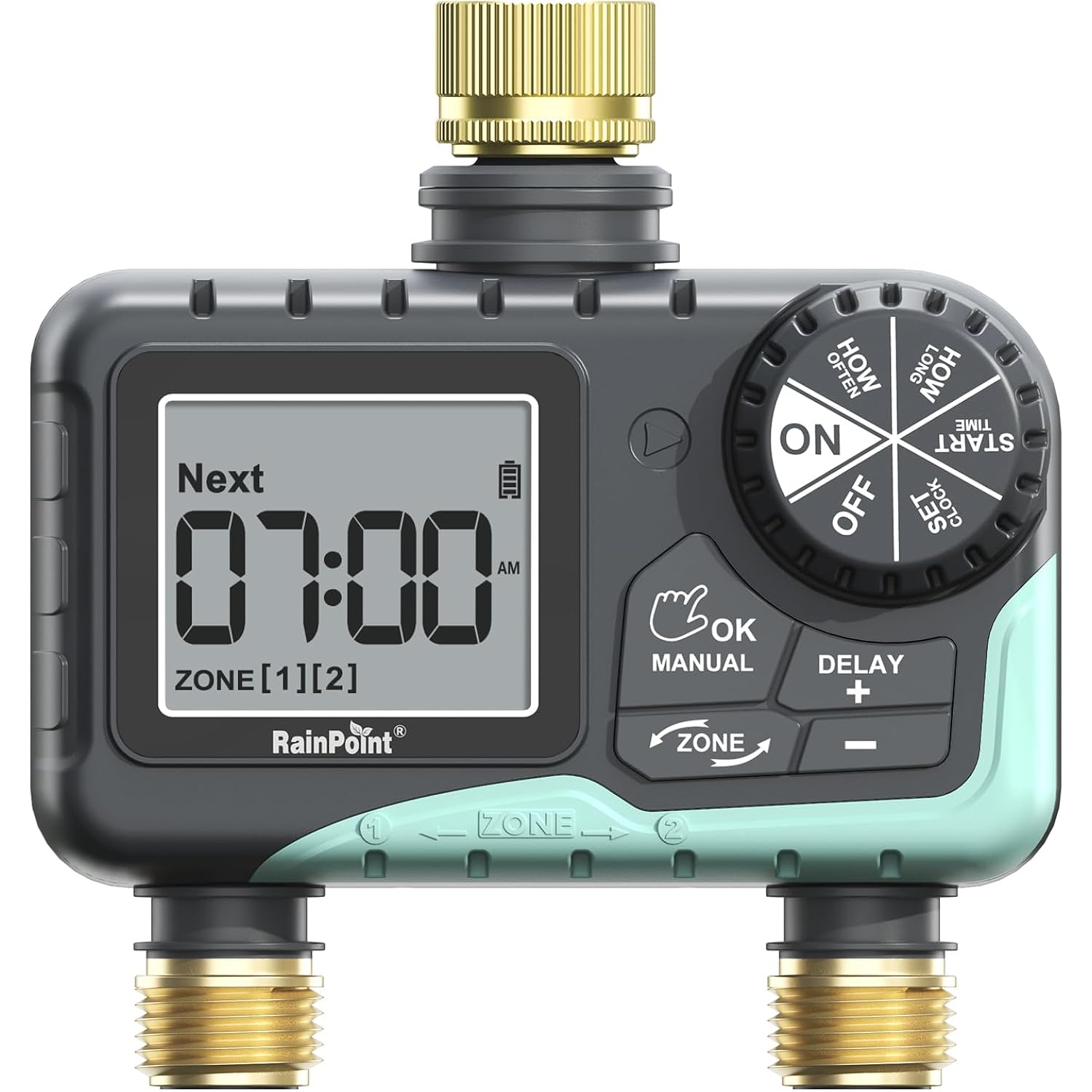 Rainpoint 2 Zone Sprinkler Timer With Brass Inlet And Outlet - Water Timer For Garden Hose With Rain Delay/Manual Watering/Automatic Irrigation Controller System For Yard Lawn Garden(Blue)