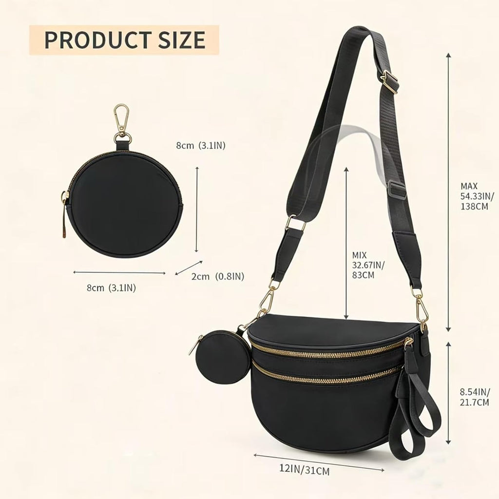 Emmafy Women's Crossbody Bag, Waterproof Oxford Cloth Waist Bag with Adjustable Shoulder Strap (Black)